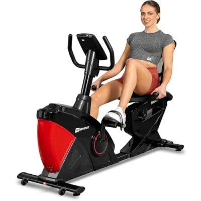 Image de Hop Sport Vélo d&#039;appartement Semi Allongé HS 070L Helix, Bluetooth &amp; App, 16 Niveaux de Résistance, Masse d&#039;inertie 18,5 kg, Ordi multifonctionnel, Roulettes transport, Poids max.150 Rouge