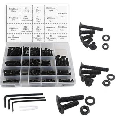 Image de huruirui M5 M6 M8 Jeu de Vis Boulons et Écrous, Noir Hex Socket Head Cap Écrous Kit,Filetage Machine Ensemble Outils Assortiment Kit 310Pièces