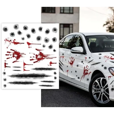 Image de Stickers pour voiture FIESTAS GUIRCA Impacts de balle Traces sang 70x80 cm Décoration Halloween