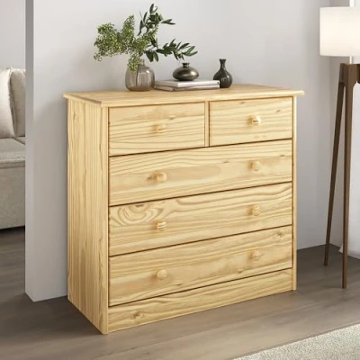 Image de IDIMEX Commode de Chambre Rondo Meuble Rangement avec 5 tiroirs, en pin Massif Vernis Naturel