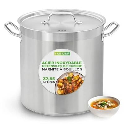 Image de Nutrichef Marmite en Acier Inoxydable 38L Induction avec Couvercle et Poignées Rivetées Solides, Distribution Uniforme de la Chaleur, Compatible Plupart des Plaques Cuisson
