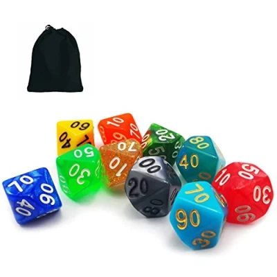 Image de Bescon 10pcs Set of Polyhedral D% Dice(00 90), 10 Count Assorted Random Multi Effected&amp;Colored Pack in Drawstring Pouch
