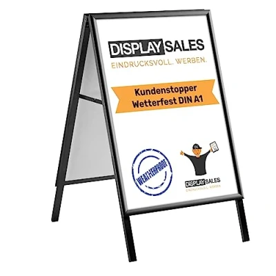 Image de DISPLAY SALES Panneau Stop trottoir résistant aux intempéries A1 noir exterieur avec mitre profil pour affiches DIN affichage trous d&#039;évacuation d&#039;eau