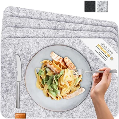 Image de MIQIO® Set de Table Design Feutre et Cuir Lavable. 4 sous Assiettes. Napperons Premium (Gris Chiné)