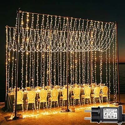 Image de Joycome Rideau Lumineux 600 LED 6m x 3m Lumineuse Noël Alimenta Secteur, 8 Modes Guirlande Fenêtre IP65 Étanche Pour Mariage Chambre Interieur Exterieure Décorations Blanc Chaud