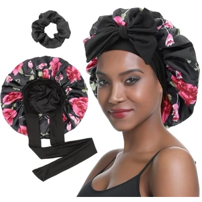 Image de SENGTERM Bonnet Satin Cheveux Nuit Couche double en Soie pour bouclés naturels aille de tête Ajustable Femmes (Fleurs noires)
