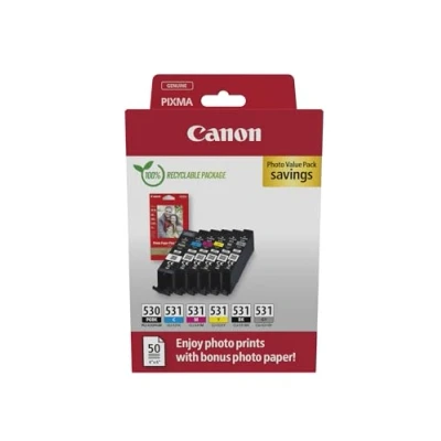 Image de Canon PGI 530 / CLI 531 Genuine Ink Cartridges, Pack of 6 (2 x Black, Cyan, Magenta, Yellow, Grey), Includes 50 Sheets 4x6 Photo Paper Compatible with PIXMA TS8750 TS8751