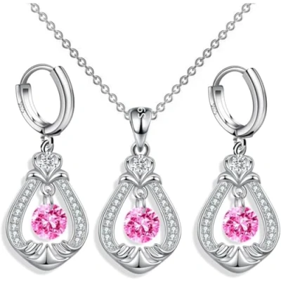 Image de FDEETY Ensembles de Bijoux Mariage pour Mariée Strass Pendentif Collier et Boucles d&#039;Oreilles Parure Femmes Filles (Rose)