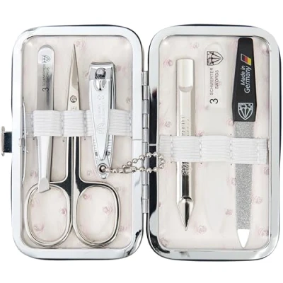 Image de DREI SCHWERTER Germany Catania Set de manucure 6 pièces avec ciseaux à cuticules, coupe ongles, pince épiler, lime ongles saphir, en verre, cure dans un étui cadre