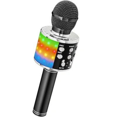 Image de Ankuka Microphone sans Fil Karaoké, Micro Karaoke Enfant avec Lumières LED de Danse, Bluetooth pour Enfants Fille Garcon Fête Chanter Idée Cadeau Noël Anniversaire Noir