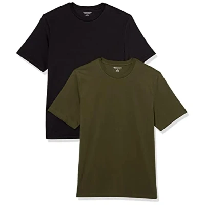 Image de Amazon Essentials T shirt en Coton à Col Rond Manches Courtes, Coupe Classique Homme, Lot de 2, Noir/Vert Olive, XL