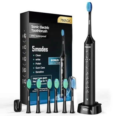 Image de 7 têtes brosse à dents électrique sonique pour adultes électrique, 5 modes, trois forces par mode ipx7, ultrasons hommes et femmes, noir