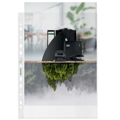 Image de Leitz Pochettes A4, Lot de 100, Bande Plastique Perforée, Surface Mate Gaufrée, Épaisseur 100 Microns, 100% Recyclable, Écologique, Recycle, Transparent, 47910003
