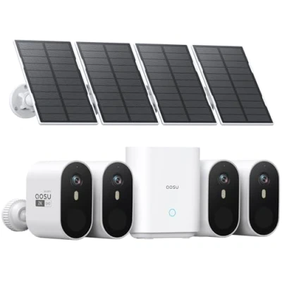 Image de AOSU 2K Caméra Surveillance WiFi Extérieure sans Fil, Solar Security Cameras Kit, Base+4 cam, Abonnement Enregistrement Local, Angle de Vue 166, Vision Nocturne, Détecteur Mouvement, IP67