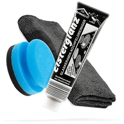 Image de detailmate Lot de polissage avec tube XXL 150 ml Nettoyant pour vitrocéramique, pâte à polir + chiffon en microfibre Premium éponge Élimine les rayures la plaque vitrocéramique