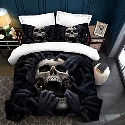 Image de LXTOPN 3D Tête de Mort Parure lit,Ensembles Noir Housse Couette,taie d&#039;oreiller 50x75cm,Parure lit en Microfibre pour 1 Personnes (135 x 200 cm, 1)