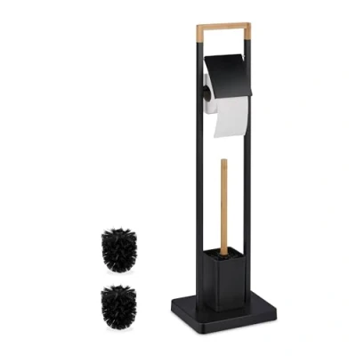 Image de Relaxdays Serviteur WC, Bambou, Acier Inoxydable, Support à Poser, Brosse et Porte Brosse, Noir Nature