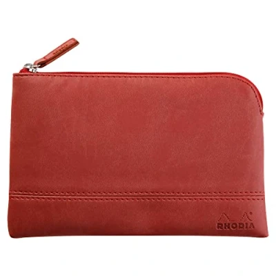 Image de RHODIA 116528C Pochette Zippée en Simili Cuir Nacarat Taille S (11 x 17 cm) Coutures Véritables Intérieur Tissu Orange Rangement Documents, Petites Fournitures
