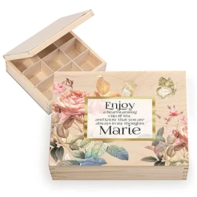 Image de Ferocity Coffret à thé en bois personnalisé avec nom YOUR TEXT 20,5 x 23,5 cm Boîte de rangement pour sachets 6 compartiments design UV Enjoy [160]