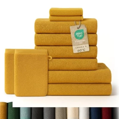 Image de Blumtal Lot Serviette De Toilette 2 Serviettes Bain 4 Essuies Mains Invité Gants Doux Et Absorbant 100% Coton Certifié Oeko TEX® Jaune Moutarde