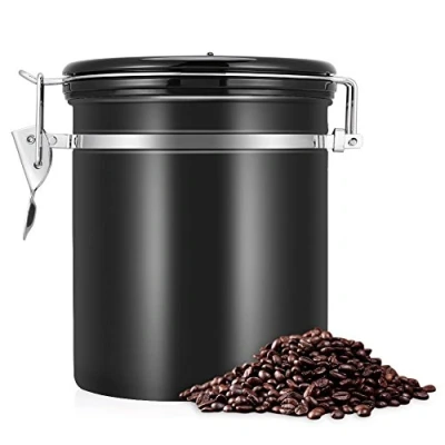 Image de récipient en acier inoxydable 304 de 1,5 L, boîte à café hermétique, grains avec soupape décharge, stockage sucre noix (noir)