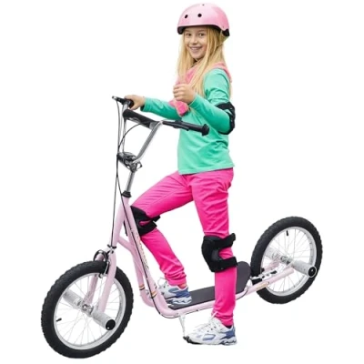 Image de HOMCOM Trottinette patinette Grandes Roues pneumatiques Ø 41 cm avec pegs Rose