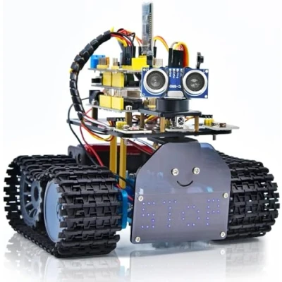 Image de KEYESTUDIO Mini Robot de réservoir Smart Car Kit Suivi par ultrasons et lumière Infrarouge Télécommande électronique DIY robotique pour Enfants Adolescents Compatible iOS Android