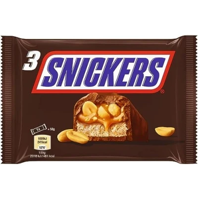 Image de SNICKERS Barre chocolat au lait, cacahuètes et caramel 3 barres individuelles de 50g 150g