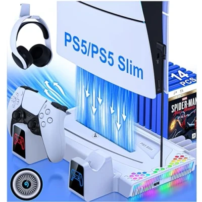 Image de HELLCOOL Refroidisseur PS5, Support PS5 avec Ventilateur de Refroidissement/Chargeur Double Manette/14 Emplacements Jeu/Lumières RVB/Port USB, Socle pour Disc/Digital Edition/PS5 Slim