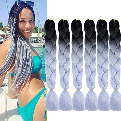 Image de Extension pour Tresse Tressage Cheveux 24 Pouces Jumbo Braids Meches 6 Pièces Kanekalon Synthétiques Ombre Synthétique (Gris ombré)