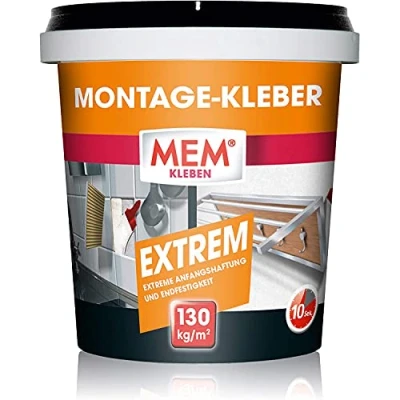 Image de MEM Extrem Colle de montage, à dispersion, pâteuse, haute adhérence et résistance élevée, pour différents supports, sans solvant, avec spatule, boîte 1 kg, blanche