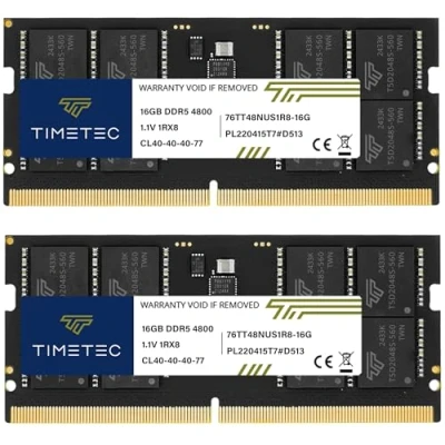 Image de Timetec 32GB KIT (2x16GB) DDR5 4800MHz PC5 38400 Unbuffered Non ECC 1.1V CL40 1Rx16 Single Rank 262 Pin SODIMM Laptop Memory RAM Module Upgrade