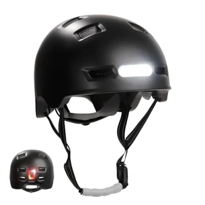 Image de Crazy Safety Vertigo Casque de Vélo Noir Mat Lumière Avant et Arrière USB pour Trottinette, Skateboard, Rollers BMX, Ville Hommes Femmes L 57 61 cm