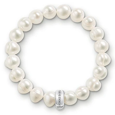 Image de Thomas Sabo Femmes Bracelet Charm Club Argent Sterling 925 Nylon Perle de culture d&#039;eau douce blanc Longeur 16.5 cm X0041 082 14 M