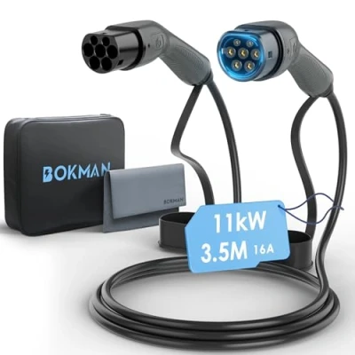 Image de bokman Type 2 Câble de Recharge Voiture Electrique PHEV, Mode 3 / 16A 11kW Triphasé 3,5 mètres, Charge Rapide Hybride Plug in véhicule électrique