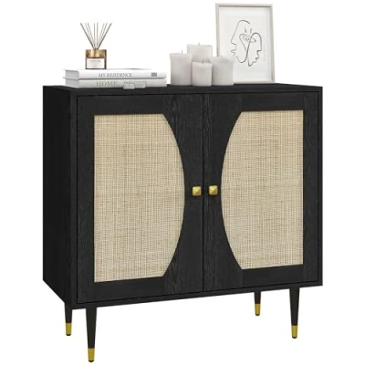 Image de HOMCOM Buffet de Cuisine Meuble Rangement Design bohème Double Portes avec 2 Niveaux, façade en rotin 80 x 38 79 cm Noir