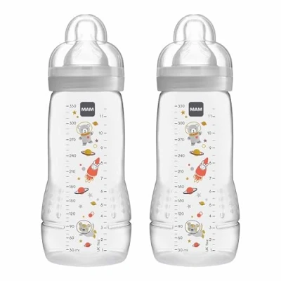 Image de MAM Easy Active Baby Bottle with Fast Flow Teats Size 3, Twin Pack of Bottles, Feeding, 330 ml, Grey (Designs May Vary)
