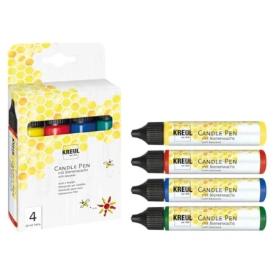 Image de KREUL 49755 Candle Pen Set de 4, jaune, rouge, bleu vert, 29 ml chacun, pointe à peindre fine, couleurs avec cire d&#039;abeille pour décorer &amp; des bougies