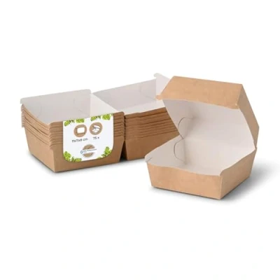 Image de BIOZOYG Take Away burger Box en carton de fibres fraîches 75 pièces I Emballage avec couvercle à charnière, résistant aux matières grasses brun blanc 11,5 x 10,5 8 cm recyclable
