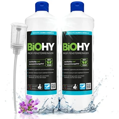 Image de BiOHY Nettoyant vitres professionnel (2 x 1l Bouteille) + Distributeur Nettoyage sans Bandes des Surfaces de Verre, fenêtres et miroirs (Fensterreiniger)