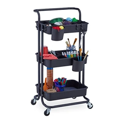 Image de Relaxdays Desserte à roulettes, 3 Niveaux, 2 Freins, Multi Usage pour Cuisine, Bureau, en métal, HLP : 86x43x42cm, Noir