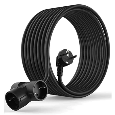 Image de MutecPower Prolongateur Schuko de 10 mètres Rallonge avec 3 Prises coudée à 90 jusqu&#039;à 250V 50Hz 16A IP20 Longueur 10m Noir
