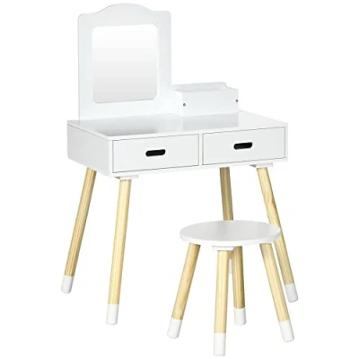 Image de ZONEKIZ Coiffeuse Enfant Table de Maquillage avec Tabouret Miroir et 2 tiroirs 3 à 6 Ans 60 x 40 95 cm Blanc Bois