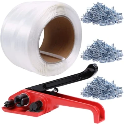 Image de U.S. Solid Kit de cerclage pour palette, outil d&#039;emballage, 500m corde tressée, bobine en composite PP, 300 attaches métalliques