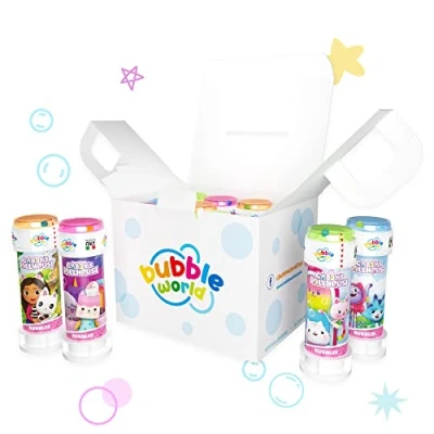 Image de Bubble World GABBY&#039;S Party Pack 12 flacons de Bulles 60 ML Tubes Unicolore et souffleur intégré Parfait pour Les fêtes d&#039;anniversaire Votre Enfant Vos Amis Fabriqué en Italie