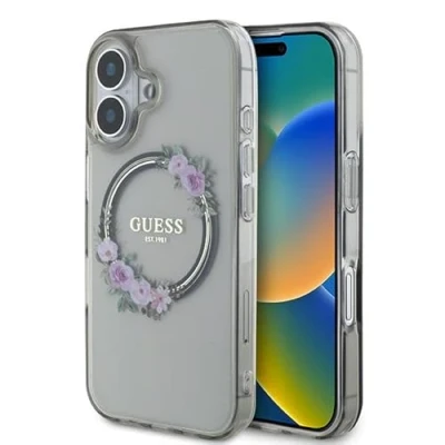 Image de Étui Guess pour iPhone 16 6.1 noir étui rigide IML Flowers Wreath MagSafe Neuf