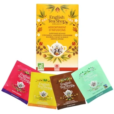 Image de English Tea Shop Assortiment d’infusions bio Rooibos, Fruits rouges, Menthe, Citronnelle, Agrumes, Gingembre Boîte de 20 sachets tisanes