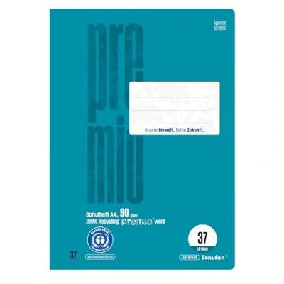 Image de Staufen premio Cahier d&#039;écolier 4 cahiers de 16 feuilles chacun, format A4, linéature 37 (lignées 9 mm, bord perforé), papier recyclé 90 g/m², coins arrondis pour éviter les « oreilles d&#039;âne »