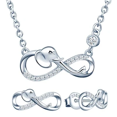 Image de Yumilok Ensemble de bijoux collier et boucles d&#039;oreilles, pendentif clous d&#039;oreilles d&#039;éléphant symbole l&#039;infini en argent 925, pour femme fille, zircon incrusté,