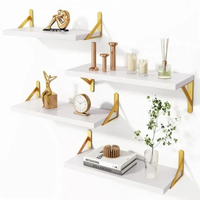 Image de BAKAJI Lot de 4 étagères murales en bois blanc avec supports métal doré, étagère murale multi usages montage créatif, pour chambre à coucher, salon, cuisine, salle bain, bibliothèque peu